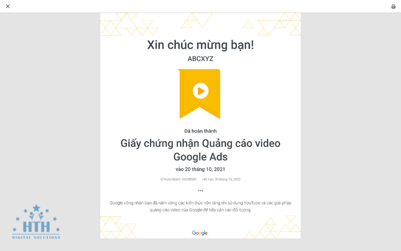 Giấy chứng nhận quảng cáo video Google Ads