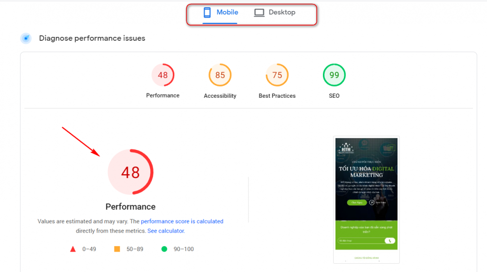 giao diện của google pagespeed insight