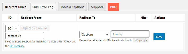 Redirect URL qua Plugin 301 Redirects - 2